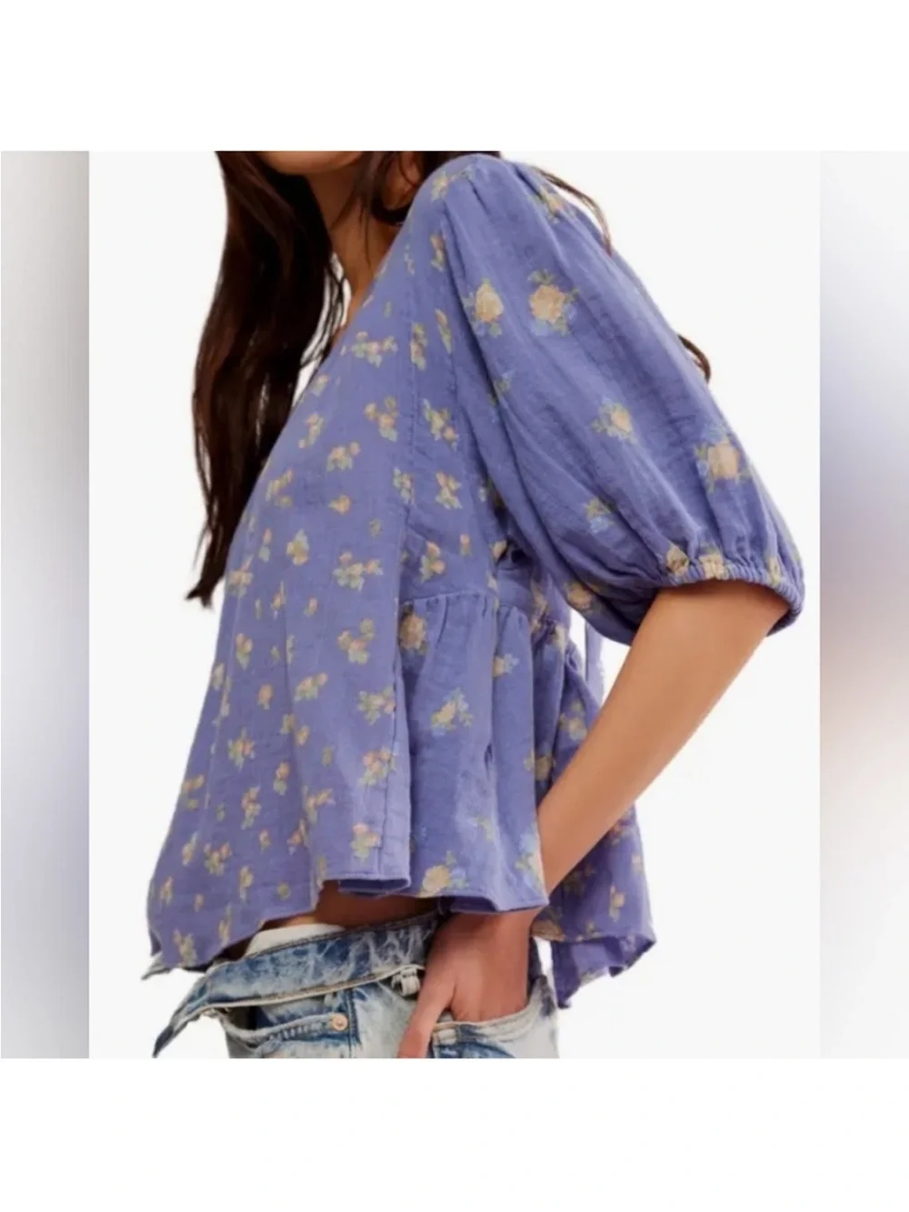 Free People Chloe Floral Printed Top Purple 100% Cotton Back Cut Out Sz Small